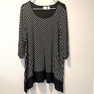 CHICO'S Womens Size 3(XL)  Shirt Black White Tunic Striped 3/4 Sleeve
